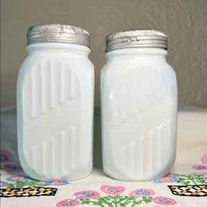 Vintage White Glass Salt and Pepper Shakers with Silver Lids - Home Accents